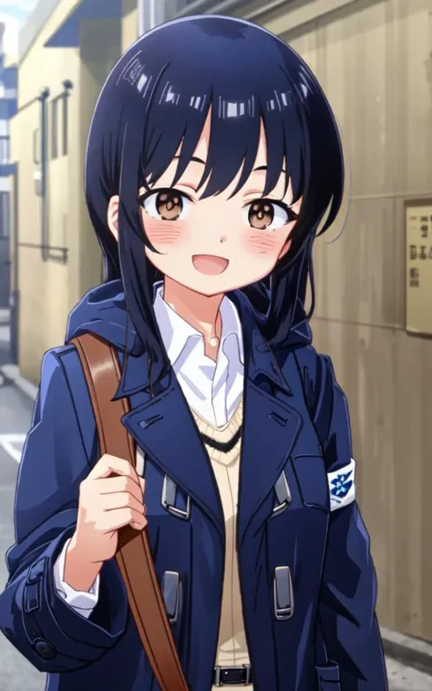 Happy :D, cute kawaii <lora:anna:0.8:lbw=NP> yamada anna 1girl, long_hair straight hair, black_hair, eyebrows_visible_through_hair, bangs, brown_eyes, medium breasts, tall girl blush smile +++ bento +++ white collared_shirt, navybluue jacket , navybluue pleated_skirt, lowfers, ((( Duffle Coat ) in Sweater))