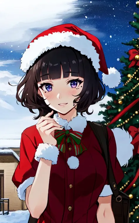 school uniform, brown short sleeve high socks, school bag, kawaii ite minor 1girl 13yeyeliner skindantation (a mole under the right eye) large breasts (eyes visible through hair) +++, +++
burgundy eyes,
clear coral hair,
long hair ,
shaggy hair,
drill hair ,
blunt bangs,
sideburns ,
kind smile,
nose blush ,
+++, reaching out , upper body , +++ extremely quality, high detailed, anime coloring illustration game cg contrapposto <lora:_flat2:0.3:ALL> ++ Faint lips,UC:realistic cute anime face cinematic angle Girl at the front single focus dynamic pose, xmas santa costume fur_trim red coat (best shadow) (Large Christmas tree blue illumination) cold sky snowy night