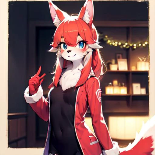 kyoko \(rcg\), <lora:kyokoMisakoRiverCity_kyokov10:0.7>, Beautiful Art Style, 1girl, young woman, looking at viewer, appealing, forest, standing, christmas costume, furry, furry female, body fur, animal ear fluff, <lora:furryGirl_v1:0.6>