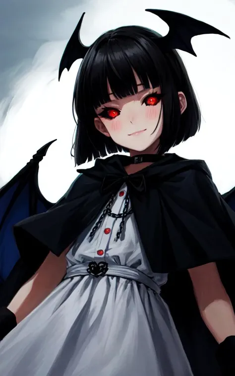 1girl, petite head on black sheep horns, bat_wings, demon tail, petite, small breasts, bob cut, blunt bangs, black hair, red eyes, <lora:_blackScleraTestInpaint_v10:1:lbw=NC> black sclera, embarrassed nose blush smile, hime-sode, white dress_shirt, bulb toe wooden_shoes, darkred short_dress gothic, black capelet, white bloomers, chain_choker, wrist_cuffs, +++ extremely quality, high detailed, anime coloring illustration game cg contrapposto <lora:_flat2:0.3:lbw=ALL> ++ Faint lips,UC:realistic cute anime face cinematic angle human at the front single focus dynamic pose