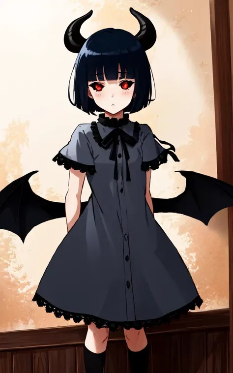 1girl, petite head on black sheep horns, bat_wings, demon tail, petite, small breasts, bob cut, blunt bangs, black hair, red eyes, <lora:_blackScleraTestInpaint_v10:1:lbw=NC> black sclera, Blushing, hime-sode, white dress_shirt, bulb toe wooden_shoes, darkred short_dress gothic, black capelet, white bloomers, chain_choker, wrist_cuffs, +++ extremely quality, high detailed, anime coloring illustration game cg contrapposto <lora:_flat2:0.3:lbw=ALL> ++ Faint lips,UC:realistic cute anime face cinematic angle human at the front single focus dynamic pose