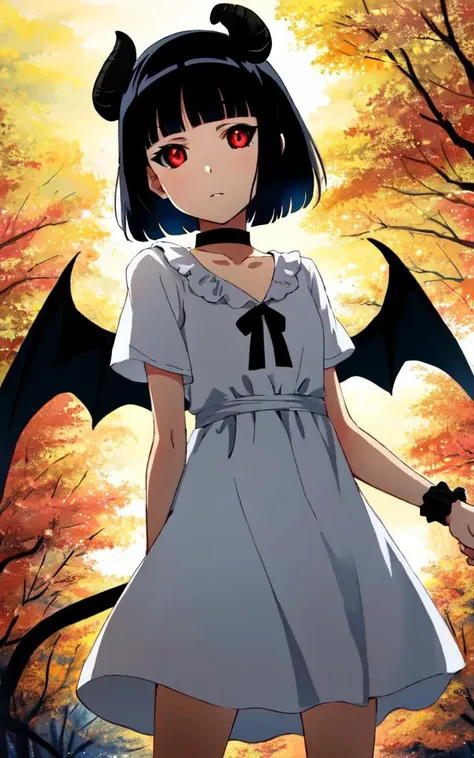 1girl, petite head on black sheep horns, bat_wings, demon tail, petite, small breasts, bob cut, blunt bangs, black hair, red eyes, <lora:_blackScleraTestInpaint_v10:1:lbw=NC> black sclera, :>, hime-sode, white dress_shirt, bulb toe wooden_shoes, darkred short_dress gothic, black capelet, white bloomers, chain_choker, wrist_cuffs, +++ extremely quality, high detailed, anime coloring illustration game cg contrapposto <lora:_flat2:0.3:lbw=ALL> ++ Faint lips,UC:realistic cute anime face cinematic angle human at the front single focus dynamic pose