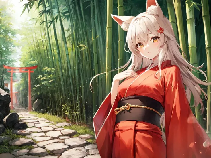 masterpiece extremely quality extremely detailed absurdres deep-silky-healthy-lackwarm-foundational-soft-skin ultra detailed hair ultra detailed eyes ultra detailed face high resolution, contrapposto glow shine like opal magnificent perfect realistic:1.3 ray trace depth of field Faint lips,UC:realistic, cute anime face cinematic lighting cinematic angle
skindantation cute fox ears and tail girl 18years old fang happy glistening skin eyeliner medium breasts (gold eyes) shiny hair messy hair ((eyes visible through hair)) Girl at the front single focus dynamic angle dynamic pose (japanese vermilion mikofuku kimono hakama zouri) thigh_gap,
Itsukushima shrine, (((jinja shrine, torii, stone pavement, mysterious, wind, quiet, bamboo grass, filtering through trees))) floating hair glowing eyes leaves, nature, (sunlight) forest bloom
