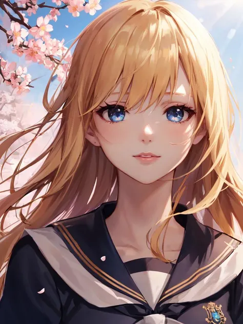 Peachland, fantastic, cherry blossoms, park, petals, wind portrait, rays light sparkles lens flare deep shadows golden hour, 
petite 1girl school_Uniform blond hair blue eyes, best quality, high detailed, Faint lips,UC:realistic, cute anime face, cinematic lighting