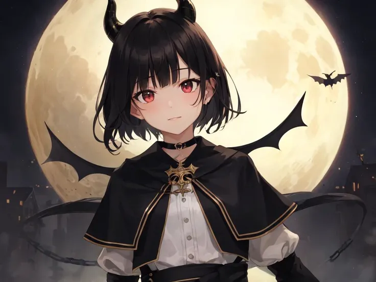 cute (head on black sheep horns) bat_wings demon tail girl ??? 14years old petite eyeliner eye_shadow skindantation small breasts bob cut blunt bangs shiny hair (black hair) red eyes black sclera ((eyes visible through hair)) smile fang +++ sleeves_past_wrists white dress_shirt bulb toe wooden_shoes (darkred short_dress gothic) (black capelet) (white drawers) chain_choker wrist_cuffs
fantastic moonlit night, light coming in, big full moon background shadow night
masterpiece extremely quality extremely detailed absurdres deep-silky-healthy-lackwarm-foundational-soft-skin ultra detailed hair ultra detailed eyes ultra detailed face high resolution, contrapposto glow shine like opal magnificent perfect realistic:1.3 ray trace depth of field Faint lips,UC:realistic, cute anime face cinematic lighting cinematic angle