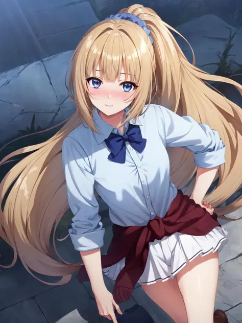 <lora:karu:0.7:NP> karu 1girl clear purpleblue violet eyes, medium breasts skindantation, kawaii tsundere gyaru eyeliner happy (nose blush) doyagao [gradient hair [lightorangeyellow:turquoise:0.8] hair] super long hair, shiny hair (sidelocks) (symmetrical bangs) (blunt bangs), hair up highponytail head_scrunchie, +++ ( (sleeves rolled up skyblue school_shirt) (white pleated_skirt) (darkblue bowtie)  around waist jacket  (Loafers) ) +++  smile :/ nose blush  ++  (school stairs background) , +++ masterpiece extremely quality extremely detailed absurdres deep-silky-healthy-lackwarm-foundational-soft-skin ultra detailed hair ultra detailed eyes ultra detailed face high resolution, contrapposto glow shine like opal magnificent perfect realistic:1.3 ray trace depth of field <lora:hipoly3DModelLora_v10:0.1:NF> hiqcgbody ++ Faint lips,UC:realistic, cute anime face cinematic lighting cinematic angle Girl at the front single focus dynamic pose