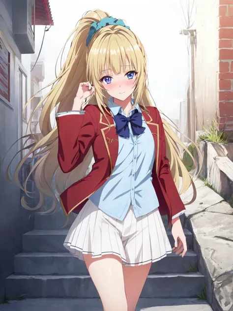 <lora:karu:0.7:NP> karu 1girl clear purpleblue violet eyes, medium breasts skindantation, kawaii tsundere gyaru eyeliner happy (nose blush) doyagao [gradient hair [lightorangeyellow:turquoise:0.8] hair] super long hair, shiny hair (sidelocks) (symmetrical bangs) (blunt bangs), hair up highponytail head_scrunchie, +++ ( (sleeves rolled up skyblue school_shirt) (white pleated_skirt) (darkblue bowtie)  red jacket (Loafers) ) +++  smile :/ nose blush  ++  (school stairs background) , +++ masterpiece extremely quality extremely detailed absurdres deep-silky-healthy-lackwarm-foundational-soft-skin ultra detailed hair ultra detailed eyes ultra detailed face high resolution, contrapposto glow shine like opal magnificent perfect realistic:1.3 ray trace depth of field <lora:hipoly3DModelLora_v10:0.1:NF> hiqcgbody ++ Faint lips,UC:realistic, cute anime face cinematic lighting cinematic angle Girl at the front single focus dynamic pose