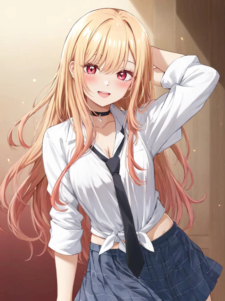 Kitagawa Marin, <lora:nari_v1:0.05>, <lora:marin:0.8> 1girl medium breasts, (round eyes):1.6 pinkred eyes long eyelashes pink eyeliner (lower eyelashes) black eyelashes coin_choker pierce slender skindantation nails choke blush shiny hair straight hair (gradient hair (blond:lightpink:0.8) hair) Streaked hair long hair +++ :D face palm +++ sleeves rolled up (white collared_shirt) (saxe_blue loose_necktie) (plaid_pleated_mini_skirt skyblue skirt), +++ extremely quality extremely detailed absurdres high resolution, contrapposto glow shine like opal animeted ++ Faint lips,UC:realistic cute anime face cinematic angle Girl at the front single focus dynamic pose <lora:hipoly3DModelLora_v10:0.3:NF>