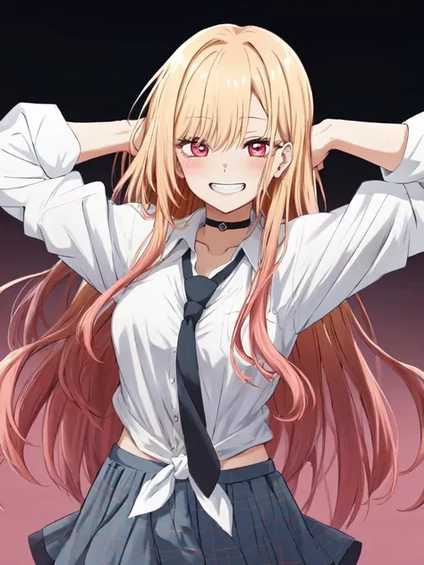<lora:usoJump_v10:0.5> vjump jumping floating hair, Kitagawa Marin, <lora:nari_v1:0.05>, <lora:marin:0.8> 1girl medium breasts, (round eyes):1.6 pinkred eyes long eyelashes pink eyeliner (lower eyelashes) black eyelashes coin_choker pierce slender skindantation nails choke blush shiny hair straight hair (gradient hair (blond:lightpink:0.8) hair) Streaked hair long hair +++ grin v^^v +++ sleeves rolled up (white collared_shirt) (saxe_blue loose_necktie) (plaid_pleated_mini_skirt skyblue skirt), +++ extremely quality extremely detailed absurdres high resolution, contrapposto glow shine like opal animeted ++ Faint lips,UC:realistic cute anime face cinematic angle Girl at the front single focus dynamic pose <lora:hipoly3DModelLora_v10:0.3:NF>