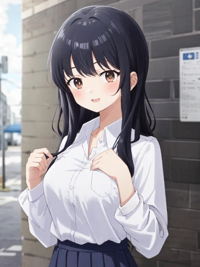 upper body , cute kawaii <lora:anna:0.7:NP> yamada anna 1girl, solo, smile, long_hair, black_hair, eyebrows_visible_through_hair, bangs, brown_eyes, medium breasts, tall girl blush  :D  +++ white_cllared shirt, navybluue pleated_skirt, lowfers