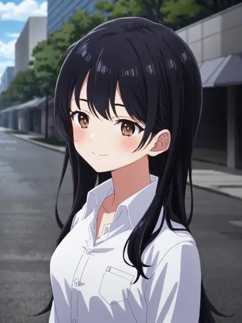 1girl, solo, smile, depth_of_field, long_hair, blush, brown_eyes, bangs, black_hair, white_cllared shirt, eyebrows_visible_through_hair <lora:anna:0.7:NP> yamada anna,  cowboy shot