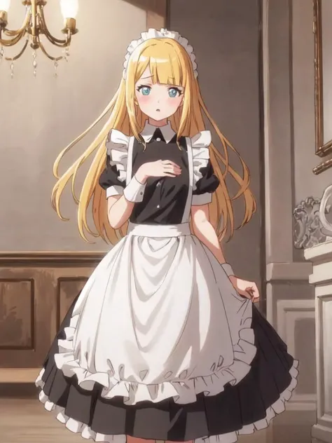 tuare <lora:tuareninya:0.7:NP> cute kawaii 1girl 14yo blond hair straight hair long hair blunt bangs sidelock, turquoise eyes, small breasts, coweringly pupils sparkling embarrassed nose blush:1.8 +++ maid long skirt white apron maid headdress white socks shoes +++ Aristocratic mansion stairwell, stairs chandelier , +++ extremely quality extremely detailed absurdres high resolution, contrapposto glow shine like opal animeted <lora:hipoly3DModelLora_v10:0.1:NF> hiqcgbody ++ Faint lips,UC:realistic cute anime face cinematic angle Girl at the front single focus dynamic pose