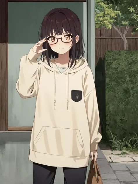 <lora:fujimiya:0.7:NP> fujimiya cute 1girl, copper eyes eyelashes eyeliner underrim eyeglass, dark brown hair shiny hair short cut sidelocks bang seductive smile blush vivid hazel hoodie aqua pom-pom pants beige pantyhose +++
