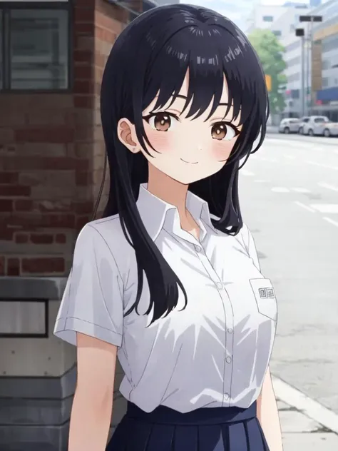 face to tiptoe , cute kawaii <lora:anna:0.7:NP> yamada anna 1girl, solo, smile, long_hair, black_hair, eyebrows_visible_through_hair, bangs, brown_eyes, medium breasts, tall girl blush  smile  +++ white_cllared shirt, navybluue pleated_skirt, lowfers