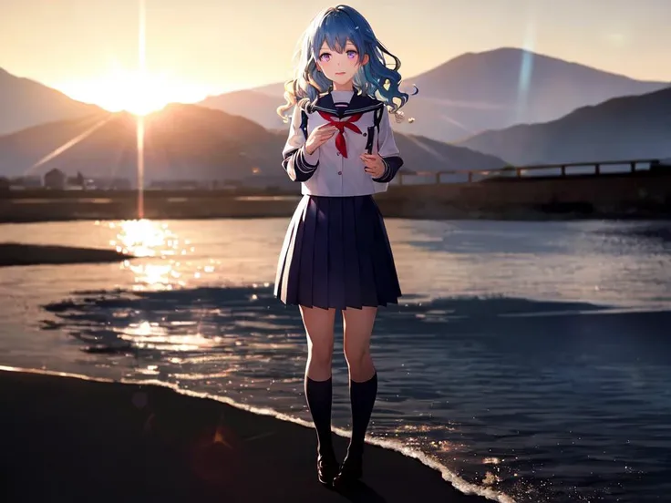 best quality, high detailed, Faint lips,UC:realistic, cinematic lighting petite 1girl blue hair pink eyes, seductive wavy mouth school_Uniform, full body , warm light sunset, rays light sparkles lens flare deep shadows, depth of field peerless scenery sentimental, lantern floating wind outdoors