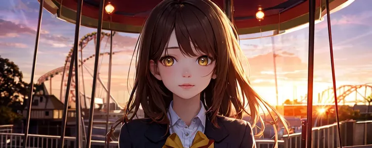 best quality, high detailed, Faint lips,UC:realistic, cinematic lighting petite 1girl hazel hair yellow eyes, seductive :3 school_Uniform, amusement park carousel ferris_wheel, warm light sunset, rays light sparkles lens flare deep shadows, depth of field peerless scenery sentimental
