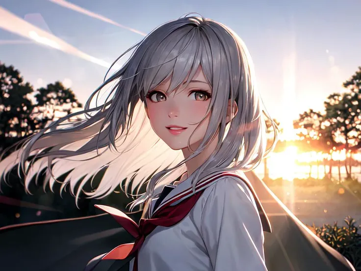 best quality, high detailed, Faint lips,UC:realistic, cinematic lighting petite 1girl silver hair brown eyes, seductive happy school_Uniform, cowboy shot , warm light sunset, rays light sparkles lens flare deep shadows, depth of field peerless scenery sentimental, object hug , floating (detailed light) floating hair glowing eyes leaves, ((wind)) nature (sunlight) river (forest) (bloom)