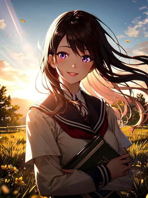 best quality, high detailed, Faint lips,UC:realistic, cinematic lighting petite 1girl hazel hair burgundy eyes, seductive naughty smile school_Uniform,  cowboy shot , warm light sunset, rays light sparkles lens flare deep shadows, depth of field peerless scenery sentimental,  object hug , floating (detailed light) floating hair glowing eyes leaves, ((wind)) nature (sunlight) river (forest) (bloom)