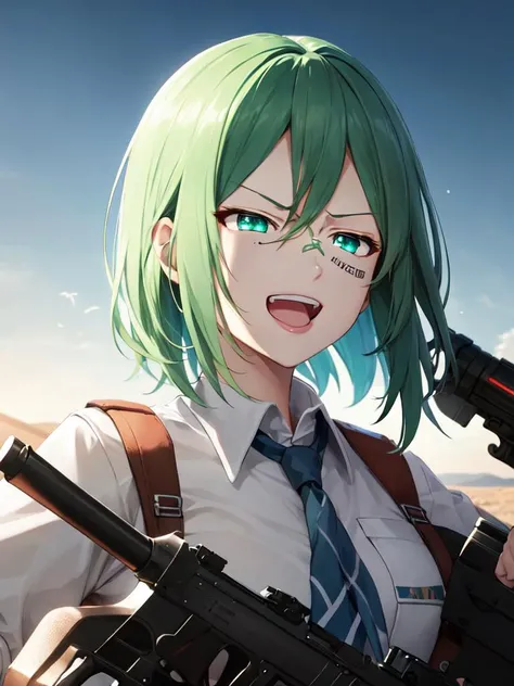best quality, high detailed, Faint lips,UC:realistic, cinematic lighting petite 1girl aqua hair green eyes, seductive (squinting eyes:1.4) smile school_Uniform, pyramid wind outdoors, Huge heavy weapons in hand aiming at viewer angry open mouth