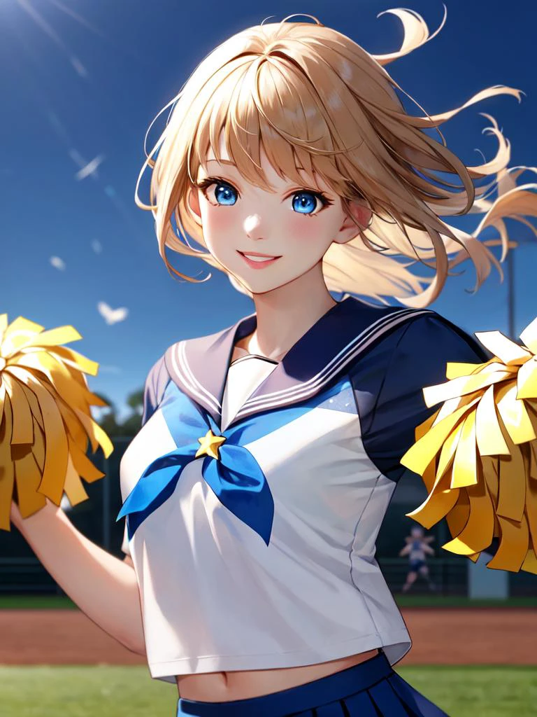 best quality, high detailed, Faint lips,UC:realistic, cinematic lighting petite 1girl starry print hair blue eyes, seductive seductive smile school_Uniform,  upper body , cheerleader uniform, skirt, - brown pom_pom_(cheerleading):1.5 in both hands, smile, ground turf outdoor baseball park,  ((jumping floating hair)) head up hands aerial