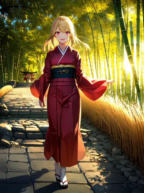 best quality, high detailed, Faint lips,UC:realistic, cinematic lighting petite 1girl blond hair red eyes, seductive smile fang school_Uniform, full body , aqua japanese clothes kimono, zouri kanzashi, Itsukushima shrine, (((jinja shrine, torii, stone pavement, mysterious, wind, quiet, bamboo grass, filtering through trees))) floating hair glowing eyes leaves, nature, (sunlight) forest bloom, warm light sunset, rays light sparkles lens flare deep shadows, depth of field peerless scenery sentimental