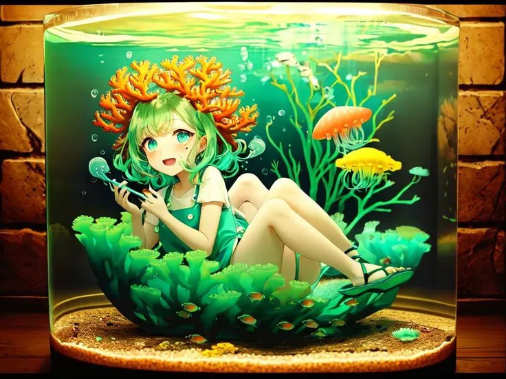 kawaii petite minor 1girl 13yo eyeliner skindantation (a mole under the right eye) large breasts (eyes visible through hair) +++, +++
turquoise eyes,
deep yellow hair,
medium hair ,
shaggy hair,
wavy hair ,
diagonal bangs,
sideburns ,
giggling,
embarrassed ,
+++, ((Floating Jellyfish in aquarium background emerald green bubbles countless small fish coral swirl)), turquoise pinafore dress, white blouse sandales
