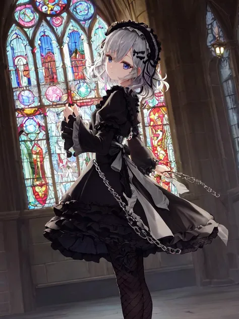 kawaii petite minor 1girl 13yo eyeliner skindantation (a mole under the right eye)  flat chest  (eyes visible through hair) +++, +++ 
iridescence eyes, 

dark indigo hair, 
 short hair , 
french braid, 
 wavy hair , 
crossed bangs, 
 sideburns , 

:/, 
 , 
  
+++, extremely detailed character, (an extremely delicate and beautiful), solo focus, straight-on, dramatic angle, depthoffield, ((cinematic lighting)) ((character (expressionless languorous cute, beautiful detailed eyes lower eyelashes eyelashes wavy hair, intricate:1.3 ((Gothic Lolita)) ((Frilled)) Headdress, bowknot, (((hair ornament))), [hair flower], eyeliner skindantation black fishnet_pantyhose, garter straps, Lace, cross-laced footwear, frilled blouse ribbon-trimmed sleeves))), bloomers [background(building architecture, stained glass ((gothic architecture)) church, (castle), [fantasy])] stained glass candlestick chain iron prison, St. Peter's Basilica, vachican