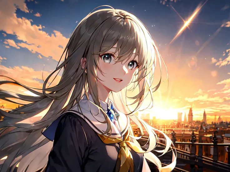 best quality, high detailed, Faint lips,UC:realistic, cinematic lighting petite 1girl indigo hair gray eyes, seductive happy school_Uniform, upper body , extremely detailed character ((long hair floating hair)), Amazing white skin sunrise, golden sky, magnificent architecture, beautiful detailed sky, overexposure, detailed background, intricate delicate gold metal decorations (gemstone extremely detailed), energy plant sunlight, depth of field, strong light coming in light rays light sparkles lens flare