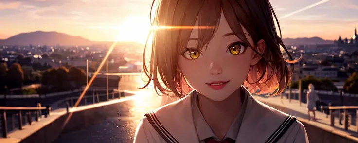best quality, high detailed, Faint lips,UC:realistic, cinematic lighting petite 1girl gradient hair yellow eyes, seductive happy school_Uniform, Disney land, warm light sunset, rays light sparkles lens flare deep shadows, depth of field peerless scenery sentimental