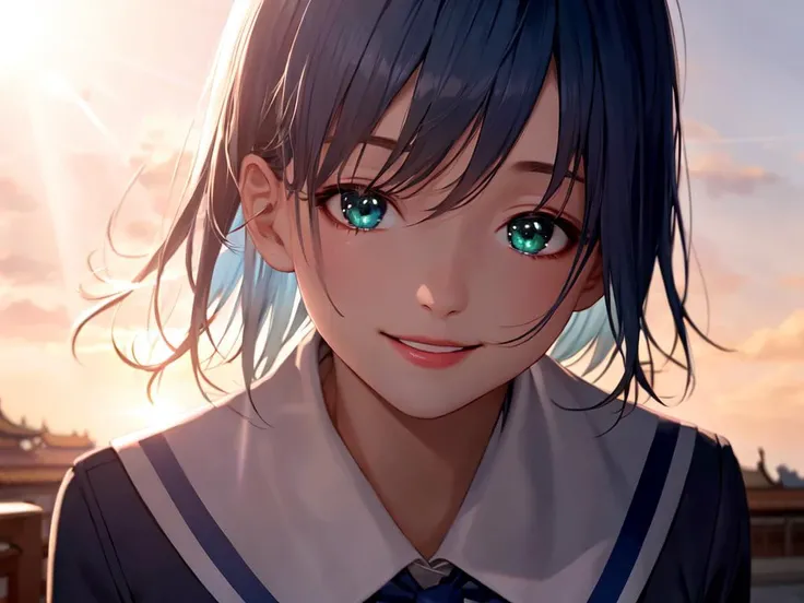 best quality, high detailed, Faint lips,UC:realistic, cinematic lighting petite 1girl blue hair green eyes, seductive smile school_Uniform, face to tiptoe , warm light sunset, rays light sparkles lens flare deep shadows, depth of field peerless scenery sentimental, Forbidden City wind outdoors