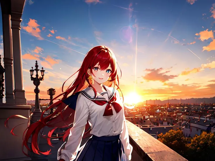 best quality, high detailed, Faint lips,UC:realistic, cinematic lighting petite 1girl red hair vermilion eyes, seductive :3 school_Uniform, cowboy shot , extremely detailed character ((long hair floating hair)), Amazing white skin sunrise, golden sky, magnificent architecture, beautiful detailed sky, overexposure, detailed background, intricate delicate gold metal decorations (gemstone extremely detailed), Hakodate sunlight, depth of field, strong light coming in light rays light sparkles lens flare