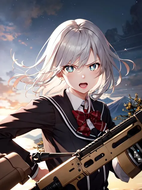 best quality, high detailed, Faint lips,UC:realistic, cinematic lighting petite 1girl silver hair hazel eyes, seductive pupils sparkling school_Uniform, Fuji Mountain wind outdoors, Huge heavy weapons in hand aiming at viewer angry open mouth