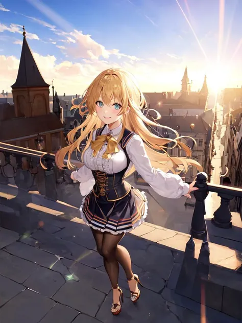 best quality, high detailed, Faint lips,UC:realistic, cinematic lighting petite 1girl amber hair starry print eyes, seductive naughty smile school_Uniform, wide shot from above , fantasy city, in the square of the castle town, outdoor, in medieval main street , strong light coming in light rays light sparkles lens flare deep shadows caustics golden hour, black frilled long_skirt pannier bustier corset crinoline stockings:1.5 high_heels_sandals double-breasted,underbust