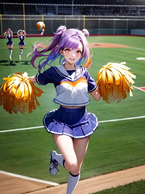 best quality, high detailed, Faint lips,UC:realistic, cinematic lighting petite 1girl purple hair orange eyes, seductive pupils sparkling school_Uniform, wide shot from above , cheerleader uniform, skirt, vivid multicolored pom_pom_(cheerleading):1.5 in both hands, smile, ground turf outdoor baseball park, ((jumping floating hair)) head up hands aerial