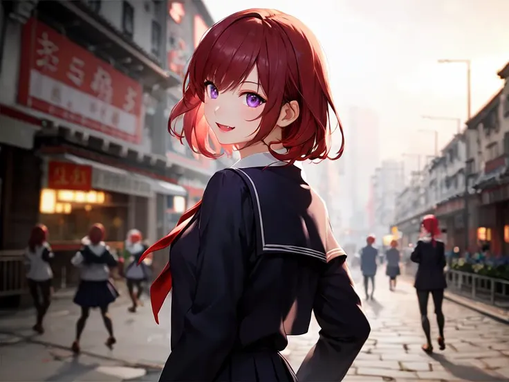 best quality, high detailed, Faint lips,UC:realistic, cinematic lighting petite 1girl coral hair purple eyes, seductive smile fang school_Uniform, Kowloon Walled City bokeh, depth of field, from behind, face to tiptoe