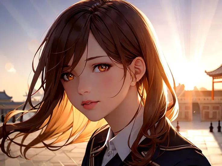 best quality, high detailed, Faint lips,UC:realistic, cinematic lighting petite 1girl coral hair orange eyes, seductive wavy mouth school_Uniform,  portrait , warm light sunset, rays light sparkles lens flare deep shadows, depth of field peerless scenery sentimental, Forbidden City wind outdoors