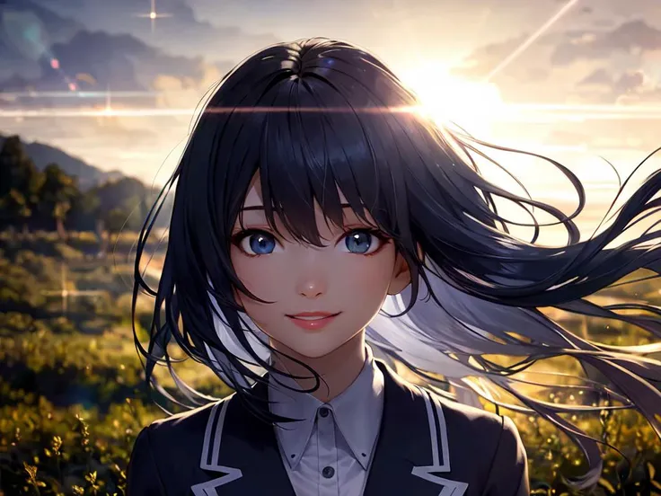 best quality, high detailed, Faint lips,UC:realistic, cinematic lighting petite 1girl sky blue hair black eyes, seductive kind smile school_Uniform, face to tiptoe , warm light sunset, rays light sparkles lens flare deep shadows, depth of field peerless scenery sentimental, thumbs up , floating (detailed light) floating hair glowing eyes leaves, ((wind)) nature (sunlight) river (forest) (bloom)