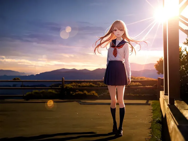 best quality, high detailed, Faint lips,UC:realistic, cinematic lighting petite 1girl hazel hair pink eyes, seductive :3 school_Uniform, full body , warm light sunset, rays light sparkles lens flare deep shadows, depth of field peerless scenery sentimental, Toujinbou wind outdoors