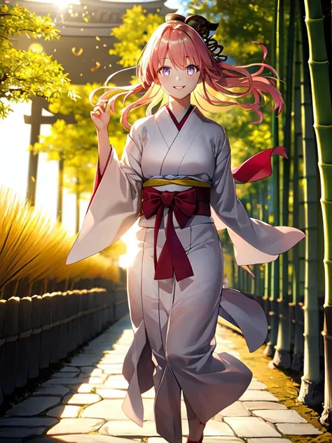 best quality, high detailed, Faint lips,UC:realistic, cinematic lighting petite 1girl pink hair blond eyes, seductive kind smile school_Uniform, face to tiptoe , blond japanese clothes kimono, zouri kanzashi, Itsukushima shrine, (((jinja shrine, torii, stone pavement, mysterious, wind, quiet, bamboo grass, filtering through trees))) floating hair glowing eyes leaves, nature, (sunlight) forest bloom, warm light sunset, rays light sparkles lens flare deep shadows, depth of field peerless scenery sentimental