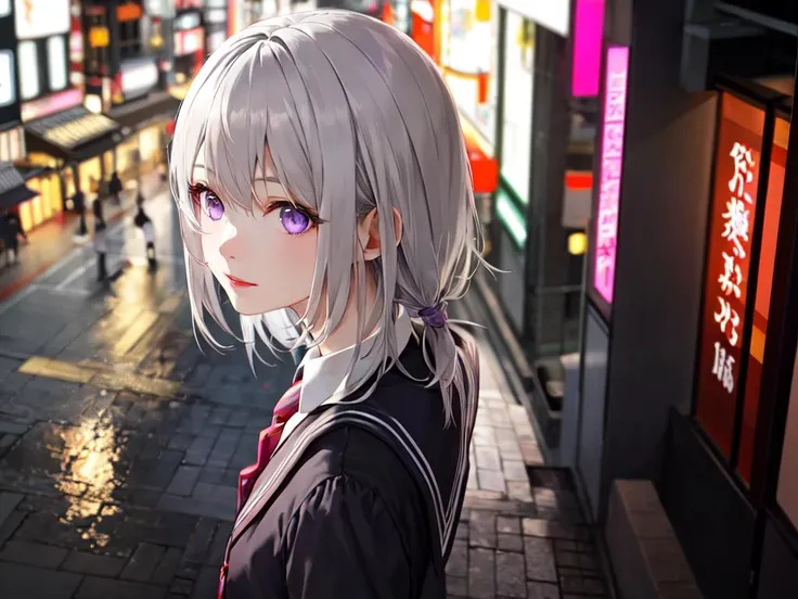 best quality, high detailed, Faint lips,UC:realistic, cinematic lighting petite 1girl gray hair purple eyes, seductive :3 school_Uniform, Doutonbori bokeh, depth of field, from behind,  wide shot from above