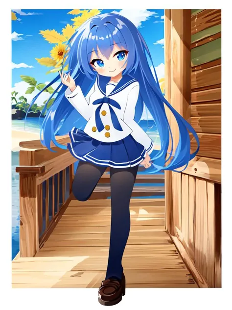 best quality,  Faint lips,UC:realistic, kawaii cute 1girl blue hair amber eyes, seductive seductive smile school_Uniform Fullbody  dynamic pose