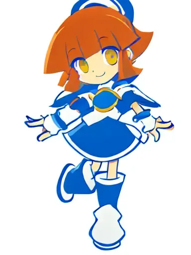 <lora:arle:0.8:LL> kawaii arle nadja petite cute 1girl yellow eyes brown hair,half updo short topknot +++ blue skirt, blue short sleeves, blue breast armor, white shirt, wrist cuffs blue capelet blue boots +++ smile fang