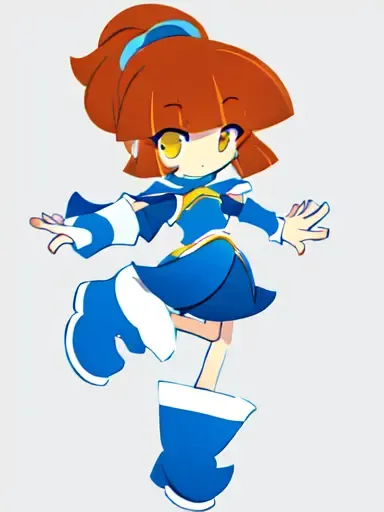 <lora:arle:0.8:LL> kawaii arle nadja petite cute 1girl yellow eyes brown hair,half updo short topknot +++ blue skirt, blue short sleeves, blue breast armor, white shirt, wrist cuffs blue capelet blue boots +++ :3