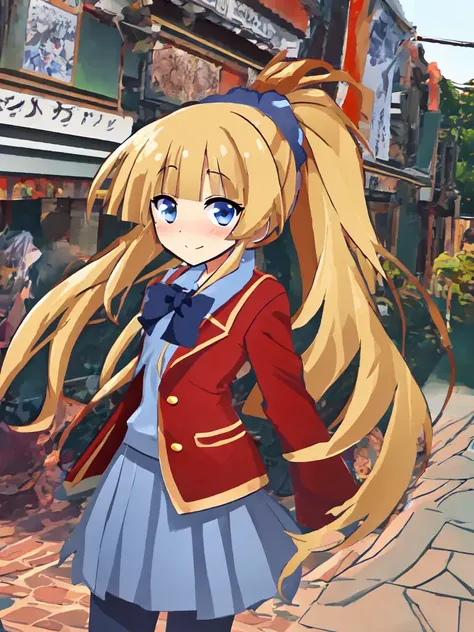 upper body , <lora:karu:0.7:NP> karu 1girl clear purpleblue violet eyes, medium breasts skindantation, kawaii tsundere gyaru eyeliner happy (nose blush) doyagao [gradient hair [lightorangeyellow:turquoise:0.8] hair] super long hair, shiny hair (sidelocks) (symmetrical bangs) (blunt bangs), hair up highponytail head_scrunchie, +++ ( (sleeves rolled up skyblue school_shirt) (white pleated_skirt) (darkblue bowtie) red jacket (Loafers) ) +++ smile :/ nose blush  ++ (Shibuya-city background, in main street) , +++ best quality, high detailed, anime coloring game cg contrapposto ++ Faint lips,UC:realistic cute anime face cinematic angle Girl at the front single focus dynamic pose