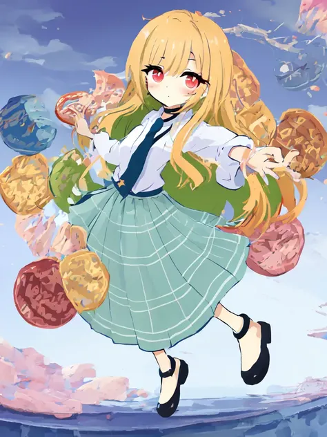 full body , Kitagawa marin, <lora:marin:0.8:NP> 1girl medium breasts, (round eyes):1.6 pinkred eyes long eyelashes pink eyeliner (lower eyelashes) black eyelashes coin_choker pierce slender skindantation nails choke blush shiny hair straight hair (gradient hair (blond:lightpink:0.8) hair) Streaked hair long hair +++ :/ blash:1.4  +++ sleeves rolled up (white collared_shirt) (saxe_blue loose_necktie) (plaid_pleated_mini_skirt skyblue skirt)