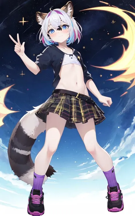 raccoon ears, raccoon tail, raccoon legs fluffy:2 furry beastman, fullbody , looking afar, pointing, clear purple crop top iridescence plaid_skirt socks trainers, +++ extremely quality extremely detailed illustration high resolution, contrapposto glow shine like opal <lora:_hipoly3DModelLora_v20:0.3:NF> hiqcgbody ++ Faint lips,UC:realistic cute anime face cinematic angle Girl at the front dynamic pose, kawaii petit child childish 1girl 8years old, star-shaped pupils small_star symbol in the pupils and iris, ((skindantation)) ((flat chest)) +++, +++
sky blue eyes,
pale multicolored hair,
short hair ,
pixie cut,
streaked hair ,
hair over eyes, covered eyes, blunt bangs,
sideburns ,
wavy mouth,
,
head_tilt standing
+++