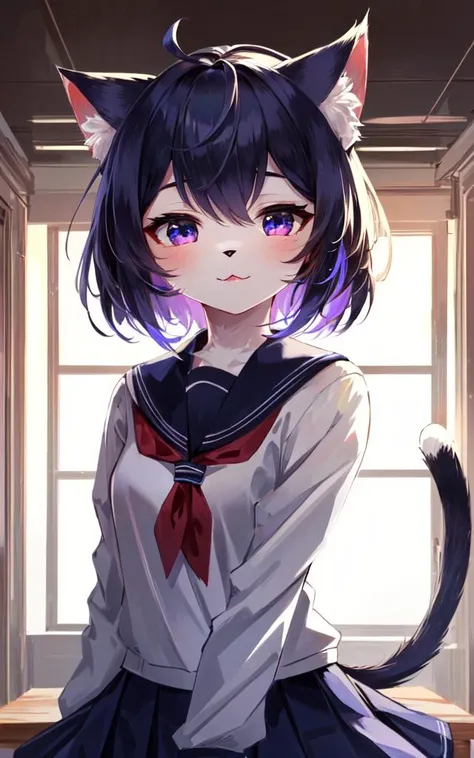 cat ears, cat tail, cat legs fluffy:2 furry beastman, best quality, high detailed, Faint lips,UC:realistic, cinematic lighting kawaii cute 1girl indigo hair multicolored eyes, seductive :> school_Uniform upperbody  dynamic pose