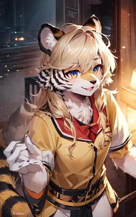 tiger ears, tiger tail, tiger legs fluffy:2 furry beastman, best quality, high detailed, Faint lips,UC:realistic, cinematic lighting kawaii cute 1girl iridescence hair blond eyes, seductive smile school_Uniform upperbody  dynamic pose