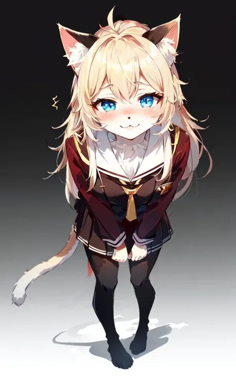 cat ears, cat tail, cat legs fluffy:2 furry beastman, best quality, high detailed, Faint lips,UC:realistic, cinematic lighting kawaii cute 1girl gradient hair blond eyes, seductive embarrassed nose blush smile school_Uniform Fullbody  dynamic pose
