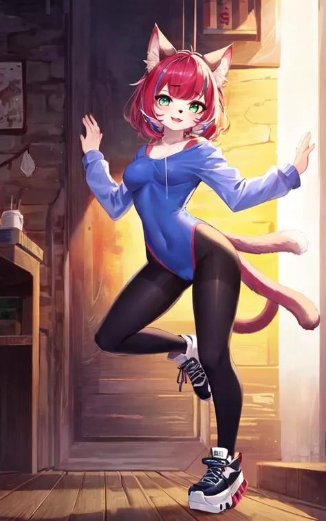 kawaii petite minor 1girl 13yo eyeliner skindantation (a mole under the right eye) medium breasts  (eyes visible through hair) +++, cat ears, cat tail, cat legs fluffy:2 furry beastman, +++ 
green eyes, 
vivid burgundy hair, 
short hair , 
hair spread out, 
streaked hair , 
blunt bangs, 
sideburns , 
:p, 
, 
head_tilt standing  
+++, full body , looking up, standing on one leg, coral overall, blue T-shirt  pantyhose platform sneakers, +++ extremely quality extremely detailed illustration high resolution, contrapposto glow shine like opal <lora:_hipoly3DModelLora_v20:0.3:NF> hiqcgbody ++ Faint lips,UC:realistic cute anime face cinematic angle Girl at the front dynamic pose